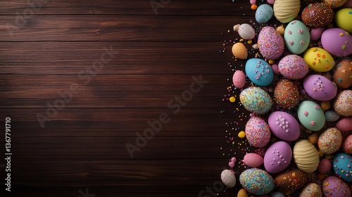 A top-down view features an array of decorated Easter cookies in vibrant colors, showcasing intricate designs and pastel icing on a rustic wooden table