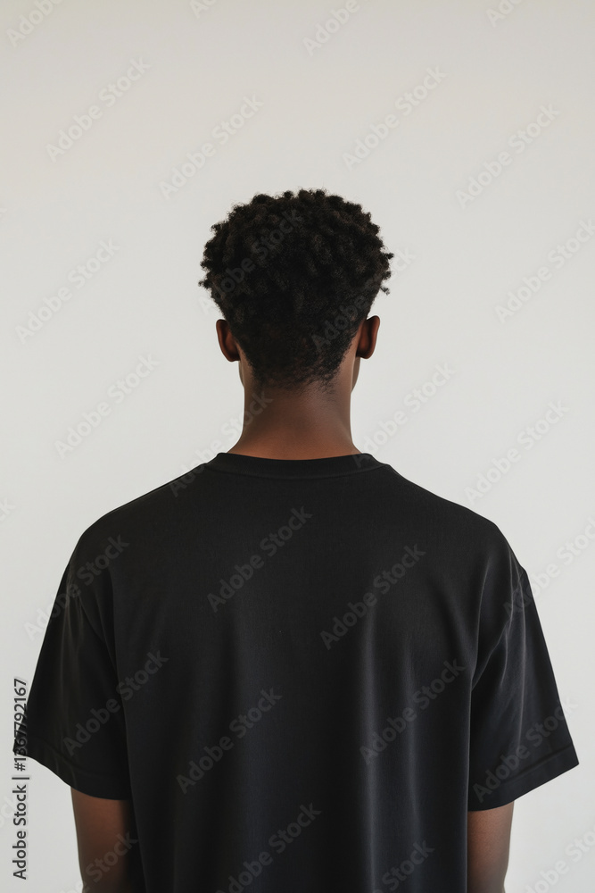 Obraz premium Back shot of young African American man wearing a black t-shirt