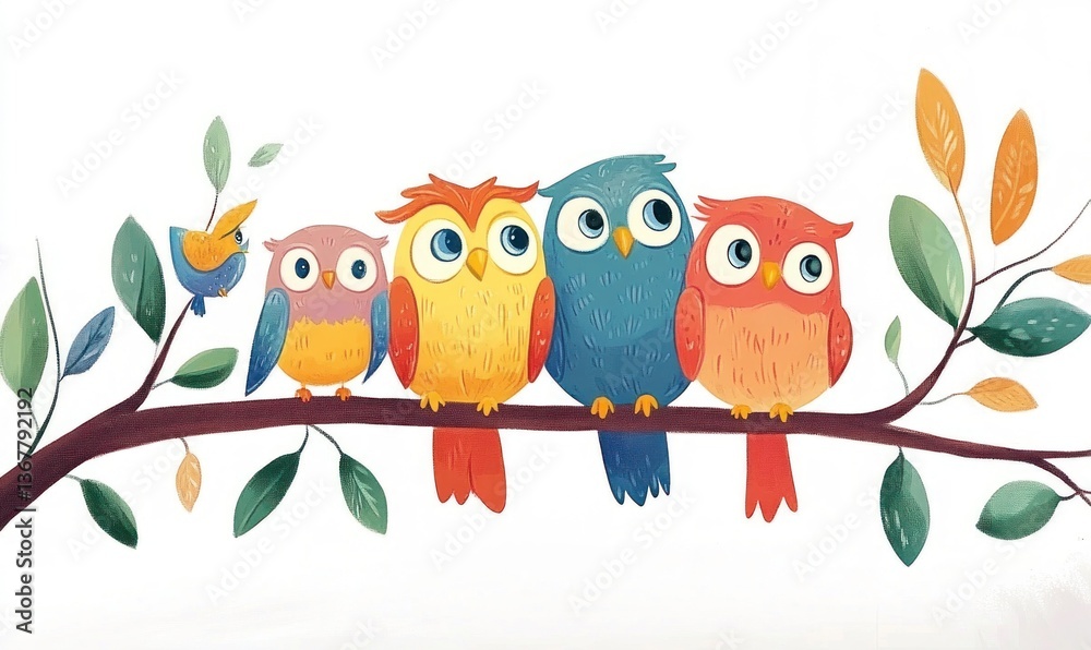 Naklejka premium Cute owls on branch with leaves, children's illustration