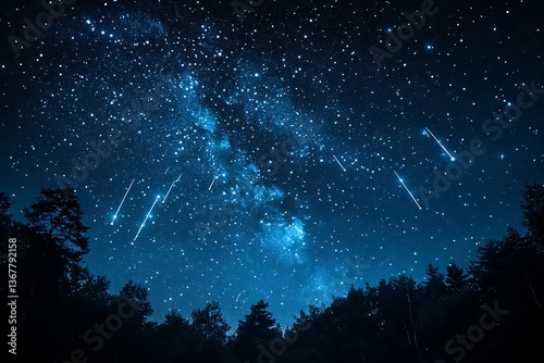 A magical night sky filled with shooting stars and strange constellations, where each star seems to tell a story, creating a celestial tapestry that captivates the imagination