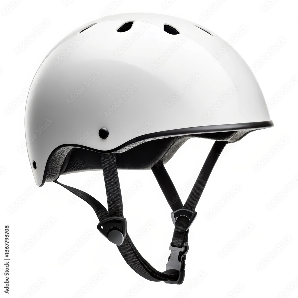 Fototapeta premium Stylish white safety helmet with adjustable straps on a white background