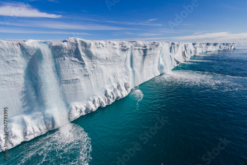 Freshwater melt forming waterfalls in Austfonna, an ice cap located on Nordaustlandet in the Svalbard archipelago, Norway