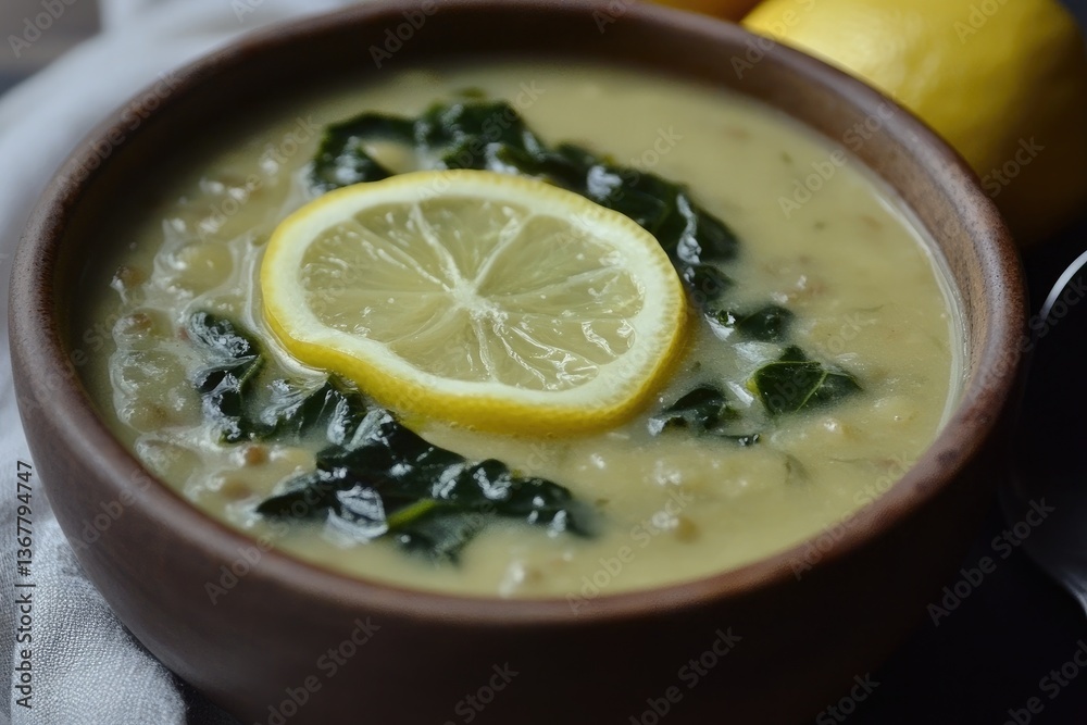 A creamy bowl of lentil and Swiss chard soup with lemon A creamy bowl of lentil and Swiss chard soup with lemon