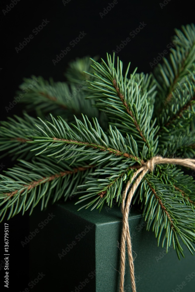 Fototapeta premium Dark green gift box adorned with fresh pine sprigs
