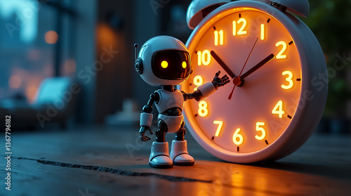 Robot interacts with glowing clock in a modern indoor setting during evening hours
