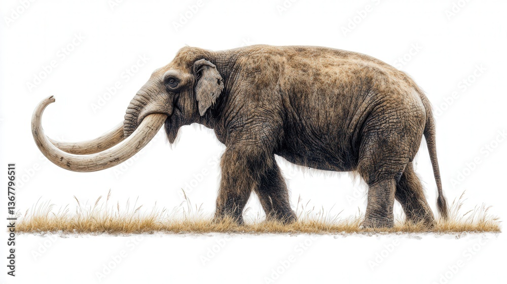 Obraz premium Majestic woolly mammoth walking across a snowy landscape.
