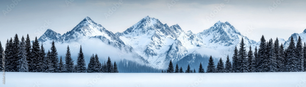 Obraz premium Majestic snow covered mountains rise above serene winter landscape, surrounded by evergreen trees and soft mist, evoking tranquility and beauty