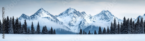 Majestic snow covered mountains rise above serene winter landscape, surrounded by evergreen trees and soft mist, evoking tranquility and beauty
