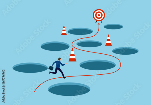 Avoid pitfalls planning and obstacle avoidance concept. Business skill and creativity to solve problem with many pitfalls to achieve business success vector