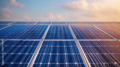 Solar Panels Technology for Renewable Energy Production with Cloudy Sky Background