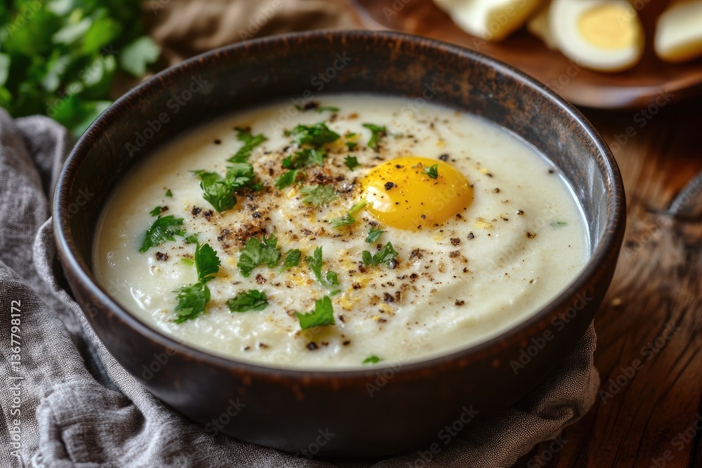 A creamy bowl of shorbat al bayda with egg drop soup A creamy bowl of shorbat al bayda with egg drop soup