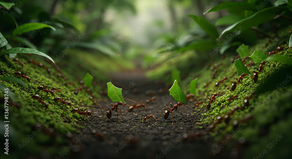 Obraz premium Leafcutter ants in the jungle carrying green fragments on their backs