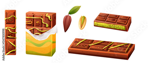 Set of milk dubai chocolate with green pistachio cream on transparent background