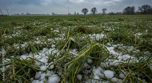 Landscape after a hailstorm showing a field of grass covered with icy pellets