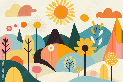 Colorful summer illustration with flowers , mountains and sun