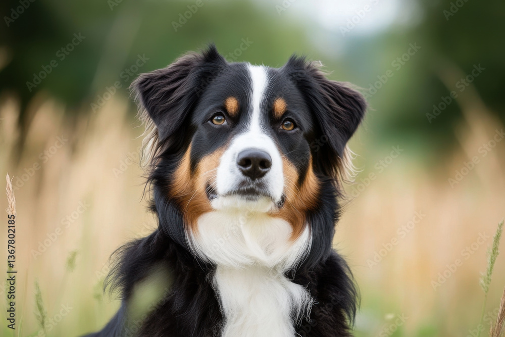 Australian shepherd dog posing in nature with blurred background Australian shepherd dog posing in nature with blurred background