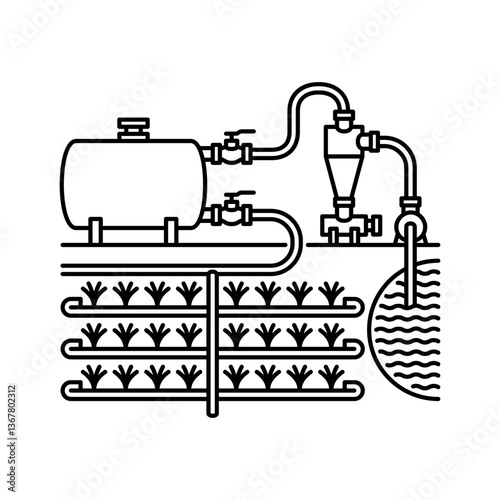 Drip irrigation system scheme with equipment. Icon in bold line
