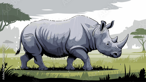 A beautifully crafted vector illustration of a rhinoceros walking through a serene grassy landscape, showcasing its majestic figure.