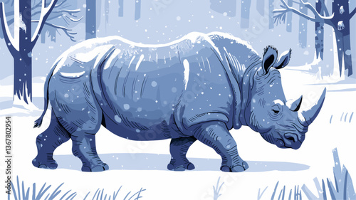 Experience the beauty of nature with this stunning illustration of a rhinoceros walking gracefully through a snowy forest. Perfect for wildlife enthusiasts.