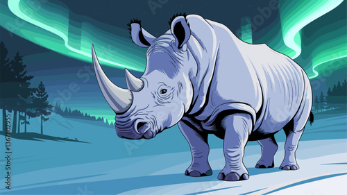 A stunning, stylized illustration of a rhinoceros set against the breathtaking backdrop of the northern lights, blending nature and art.