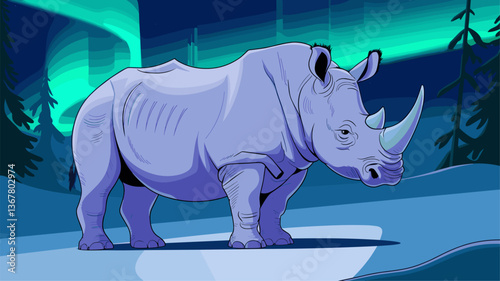 A stunning illustration of a rhinoceros against a vibrant aurora borealis backdrop, showcasing nature's beauty and wildlife.