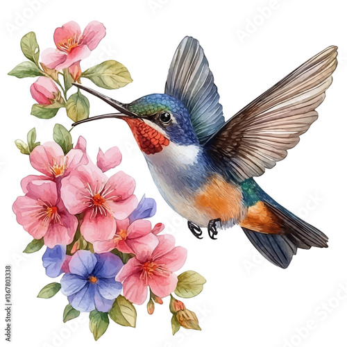 A watercolor painting of a hummingbird, isolated on a white background. Hummingbird vector.

