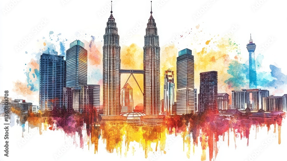 Fototapeta premium Kuala Lumpur Skyline Watercolor Painting - Vibrant watercolor painting of Kuala Lumpur's iconic skyline, showcasing its modern architecture, cultural diversity