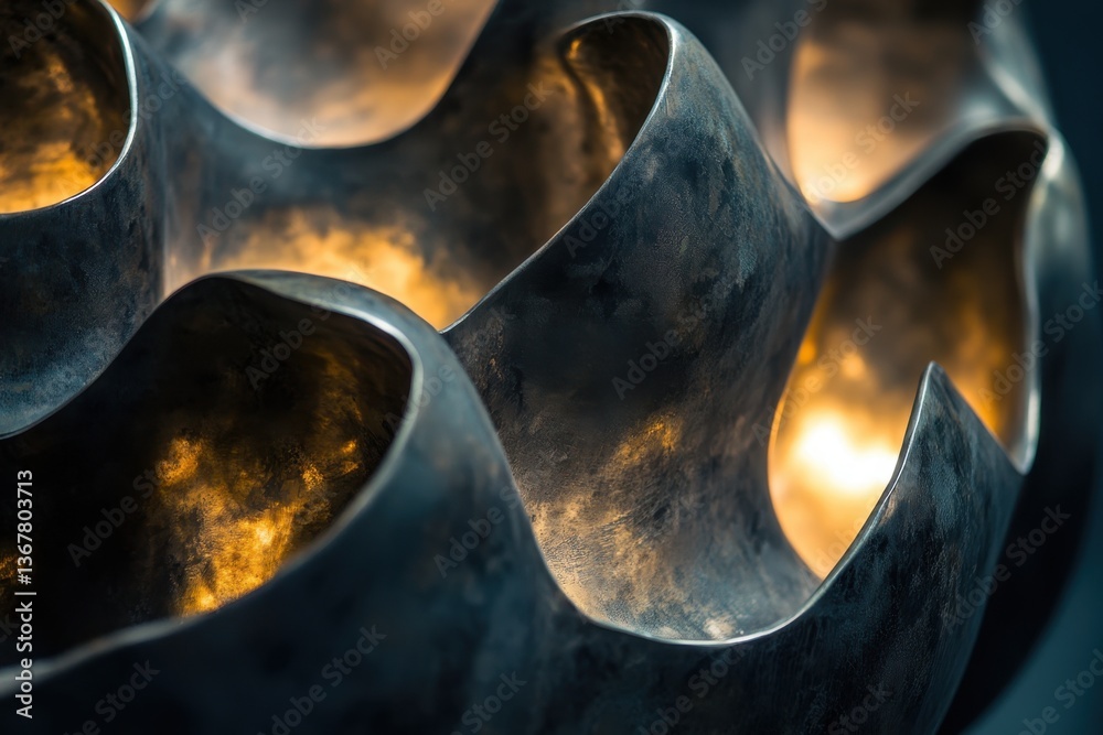 Fototapeta premium Unique light fixture design showcases intricate curves and warm illumination in a modern space