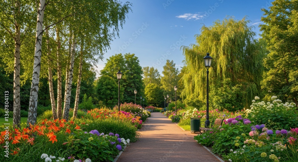Fototapeta premium A serene urban park features vibrant trees and colorful flowers lining a pathway under a clear blue sky, inviting visitors to enjoy nature in the city