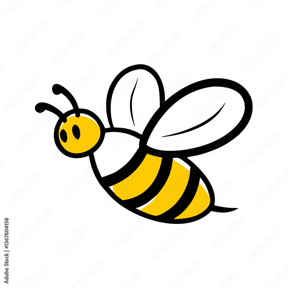 Cartoon wasp in flight with exaggerated wings. Yellow and black insect shows simplified, childlike features against white background. Concept: children's education, honey products, character design.
