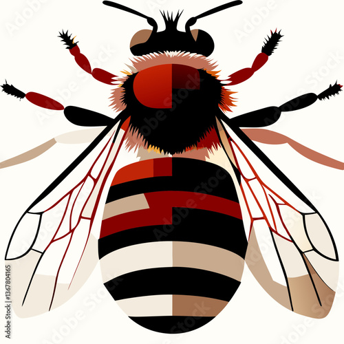 Red and black geometric bee viewed from above. Stylized insect with translucent wings and detailed legs on white background. Concept: honey production, environmental conservation, graphic design.