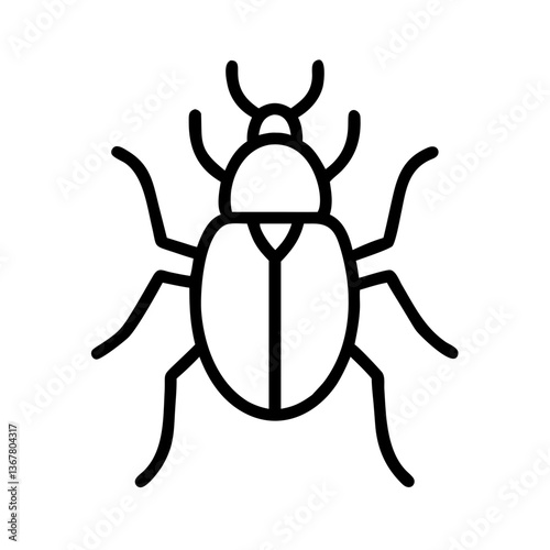 Black line drawing of beetle viewed from above shows segmented body and legs. Simple stark design with clear anatomical details against white background. Concept: scientific illustration, pest control