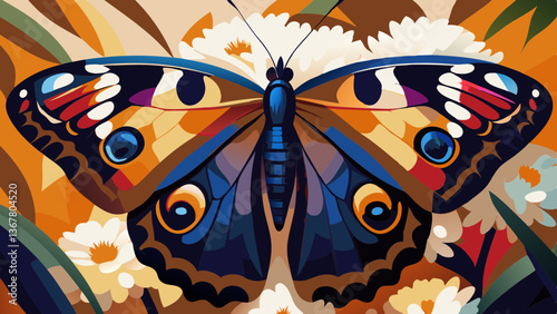 Vibrant butterfly perched amid daisy flowers. Brown and blue wings with orange spots against warm floral background. Concept: spring celebration, pollinator conservation, nature art.