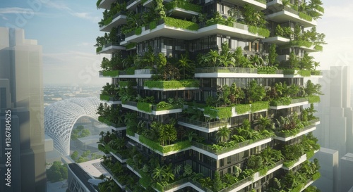 A futuristic skyscraper enveloped in vibrant green plants showcases the blend of nature and architecture in an urban landscape