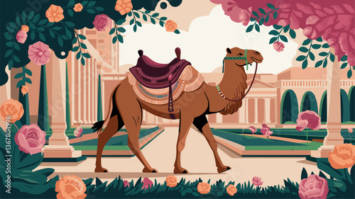 A beautifully illustrated scene featuring a camel adorned with a saddle amidst colorful flowers and classical architecture, evoking a sense of adventure and exotic landscapes.