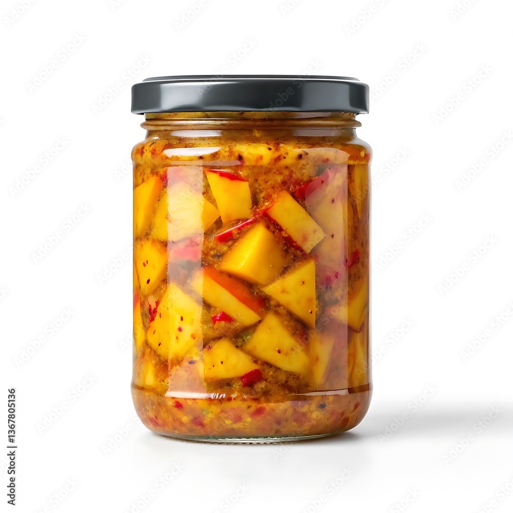 Delicious Mango Pickle in Glass Jar Isolated on White Background Indian Food Spices Flavor