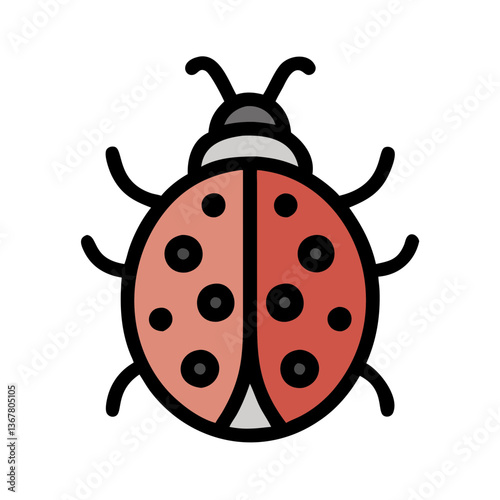 Simple ladybug icon viewed from above showcases red body with black spots and legs. Clean modern line drawing on white background. Concept: children's product, gardening brand, nature education.
