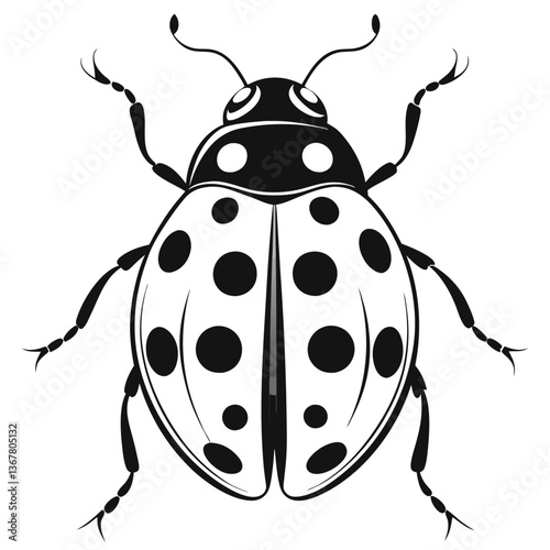Black and white ladybug illustration displays symmetrical spotted pattern viewed from above. Detailed legs extend outward with minimalist shading in vintage style. Concept: educational material, garde