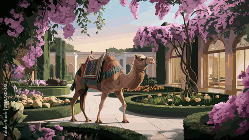 A tranquil garden scene featuring a camel nestled among vibrant bougainvillea and lush greenery, offering a stunning visual of nature and exotic charm.