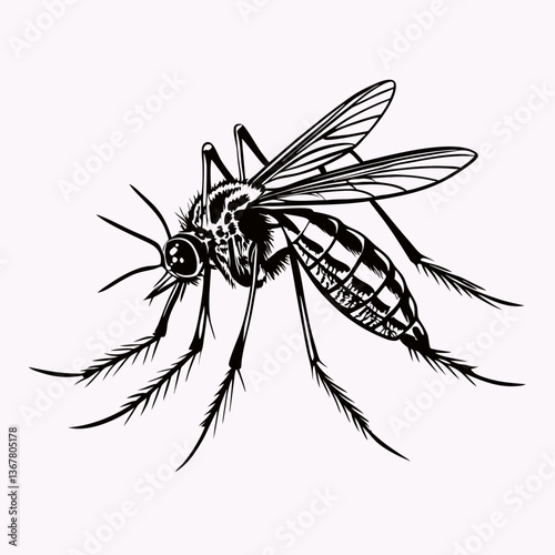 Detailed black and white mosquito illustration shown from elevated angle with splayed legs and visible proboscis. Semi-realistic scientific style features intricate wing and body segment details. Conc