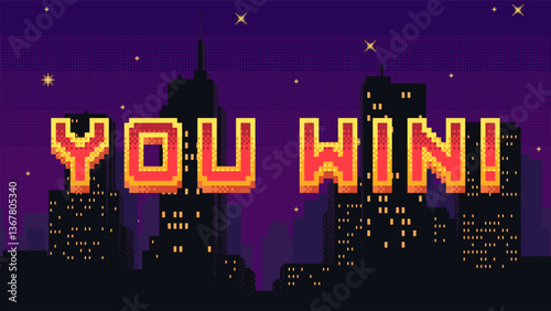 You Win screen - pixel art with night city landscape background. Night cityscape with stars in the sky banner for winner. Retro video arcade game design concept.