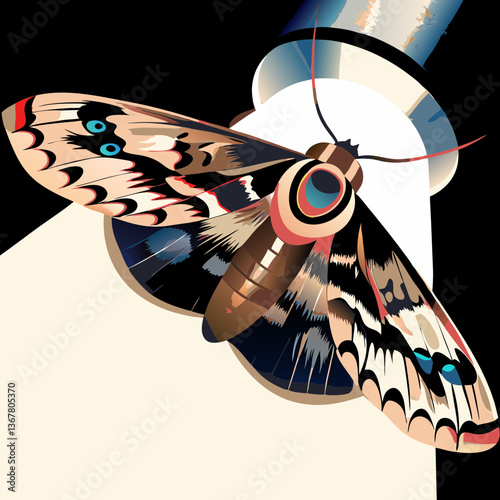 Brown moth lit by spotlight looking out from shadows, head-on pose – concept: lighting design, nocturnal themes, night marketing visuals