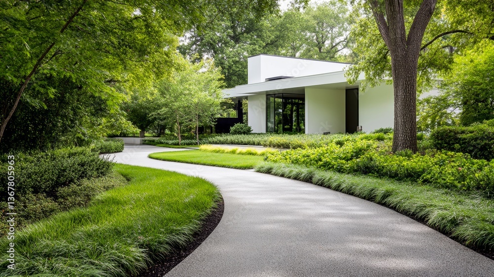 Fototapeta premium Modern house with sleek architecture set in lush greenery and a winding path on a sunny day