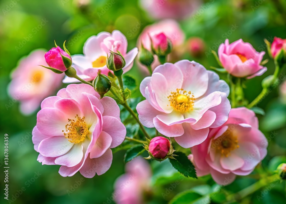 Fototapeta premium Midsummer Bride Rose Closeup: Blooming Finnish Rosa pimpinellifolia in June with Shallow Depth of Field