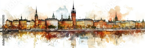 Stockholm Waterfront Watercolor Panorama - A picturesque watercolor painting of Stockholm's skyline, reflecting serenity, history, urban beauty, autumnal charm, and Scandinavian architecture