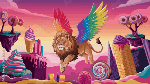 A vibrant, colorful illustration of a lion with rainbow wings soaring over a dreamy dessert landscape filled with sweet treats.