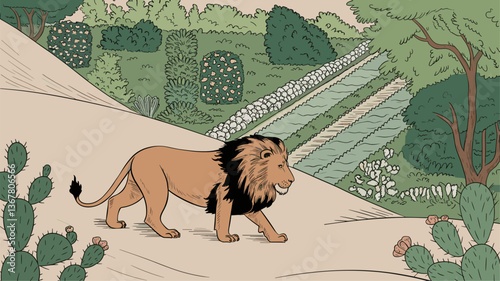 A beautifully illustrated lion walking gracefully in a vibrant, picturesque landscape filled with greenery and cacti.