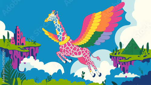 Explore a vibrant illustration of a magical flying giraffe with rainbow wings, soaring over lush landscapes and whimsical castles.