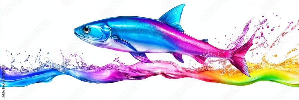 Fototapeta premium Vibrant Rainbow Fish Leaping Through Water - A vibrant painting of a fish leaping through colorful water, symbolizing energy, freedom, movement, creativity, and growth