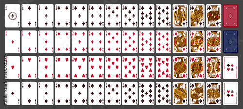 Gold and white playing printable vector cards for gambling (poker, bridge), deck of 52 cards. Silhouette a portrait of the King, Queen, Jack and Joker and spades, hearts, diamonds, clubs  suits.